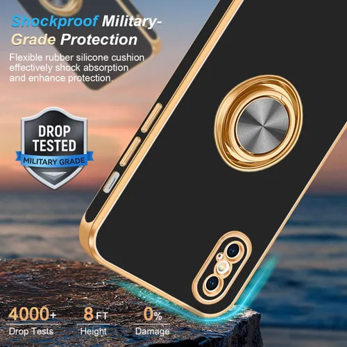 Vista 3 de Fingic Funda para iPhone X, iPhone Xs con soporte de anillo, soporte magnético giratorio de 360°, chapado en oro, borde dorado, delgada, suave, TPU