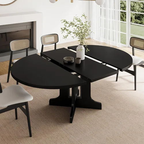 Vista 3 de Feonase Mesa de comedor redonda extensible de 59 pulgadas para 4-6, moderna mesa de cocina ovalada con base de madera resistente, soporte de marco