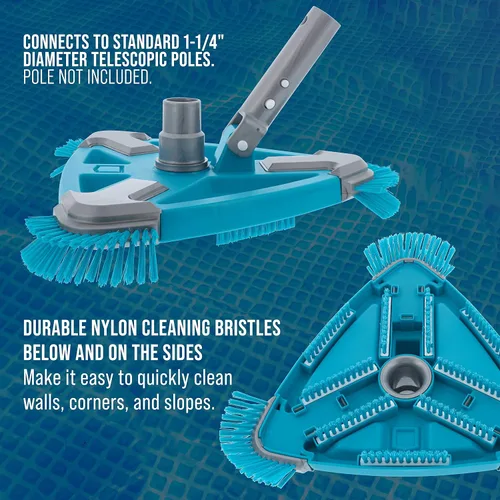 Vista 4 de U.S. Pool Supply Cabezal de Aspiradora Triangular Deluxe con Peso para Piscina con Cepillos Laterales, Conexión Giratoria, Mango EZ Clip - Para