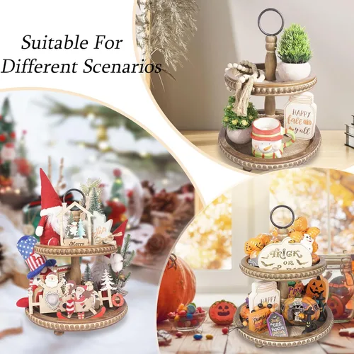 Vista 6 de Soporte de bandeja escalonada, Bandeja de dos niveles, Bandejas decorativas de 2 niveles, Bandeja escalonada con cuentas marrones para decoración