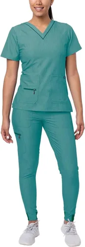 Vista 12 de Adar Pro Scrubs for Women Set - V-Neck & Jogger Cargo Pants, 7 Pockets Blanco