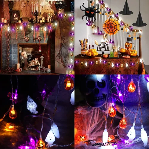 Vista 7 de Zimati Luces decorativas de Halloween, 16 pies, 30 LED, impermeables, 3D, calabaza, murciélago, fantasma, funciona con pilas, con temporizador, 8