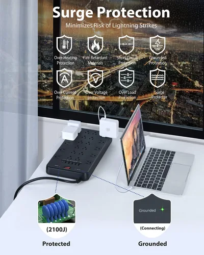Vista 6 de FDTEK - Tira de alimentación con protección contra sobretensiones, 22 tomas de corriente alterna con 6 USB (1 USB-C), cable de extensión de 6.5