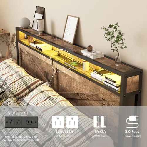 Vista 4 de Halitaa Base de cama LED de tamaño individual con estación de carga, plataforma de metal con almacenamiento de cabecera y puertos USB, marco de cama