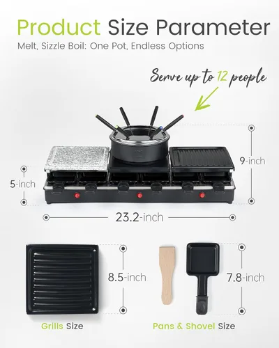 Vista 12 de Parrilla de Mesa Raclette - Parrilla Eléctrica Interior con Plancha - Antiadherente Extra Grande Reversible 4 en 1 para Exteriores Apta