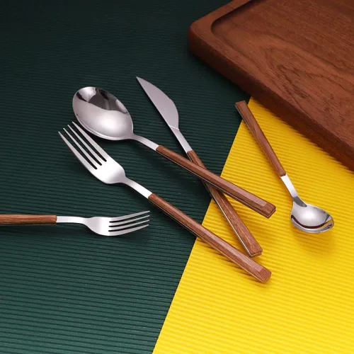 Vista 2 de Juego de cubiertos de madera para 6 cubiertos de acero inoxidable de alta calidad, 30 piezas de cubiertos de madera delicados para el hogar, cocina