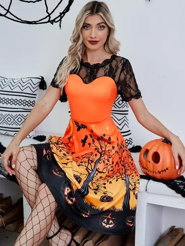 Vista 6 de Vestido de calabaza con mangas de encaje para mujer con cremallera lateral