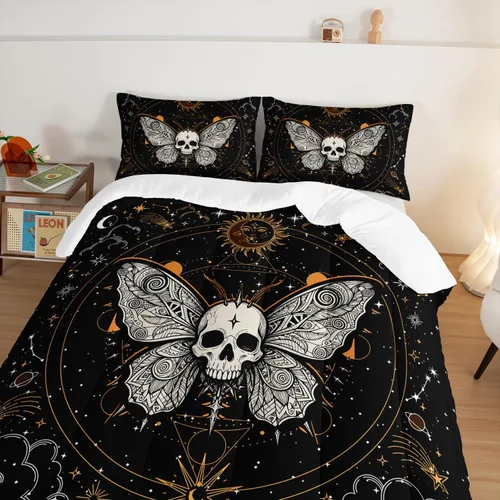 Vista 61 de HOSIMA Juego de edredón de decoración gótica, patrón de calaveras de polilla de la muerte, juego de cama de Halloween tamaño Queen para decoración