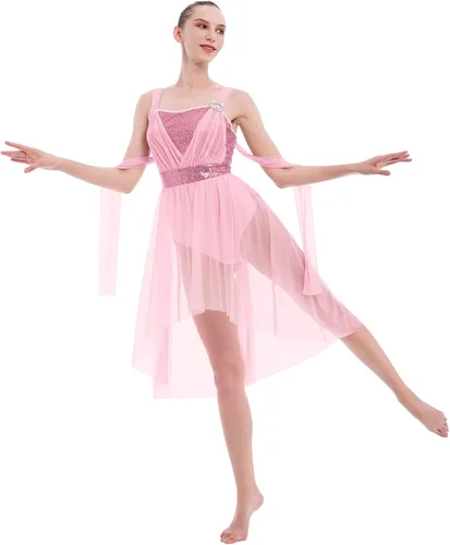 Vista 6 de IBAKOM Disfraces de baile lírico para mujer, vestido de baile contemporáneo con lentejuelas brillantes, vestido de baile fluido de gasa