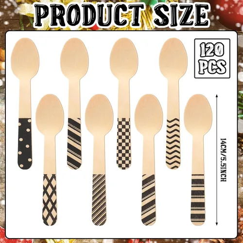 Vista 2 de Uiifan 120 cucharas de madera desechables de Navidad de 5.5 pulgadas, cucharas a rayas con rayas negras, patrones de bastón de caramelo