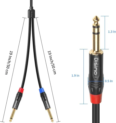 Vista 3 de Cable de inserción divisor en Y estéreo TRS de 1/4 pulgadas, cable de audio de conector auxiliar de 1/4 pulgadas macho a doble salida TS mono de 1/4