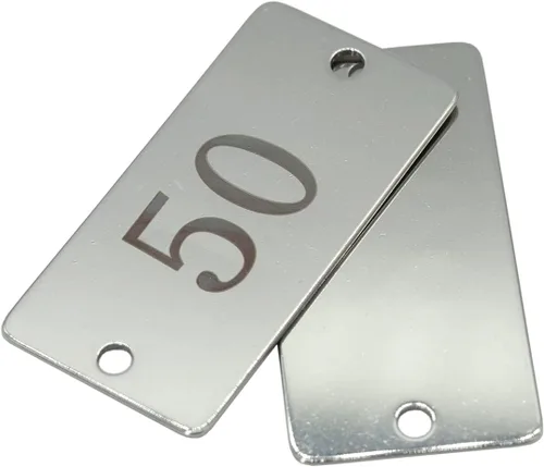 Vista 4 de Etiquetas numeradas rectangulares de acero inoxidable con dos agujeros de 1 pulgada x 2 pulgadas (26-50)