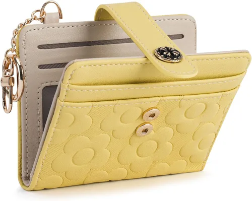 Vista 11 de Cartera RFID para mujer, delgada y pequeña, de piel con estampado de flores, plegable, compacta, con tarjetero y bolsillo para monedas, color marrón