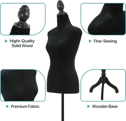 Vista 4 de Vestido de maniquí femenino con altura ajustable de 49.6 a 63.4 pulgadas, con trípode de madera para ventana, tienda, joyería, costura (negro)