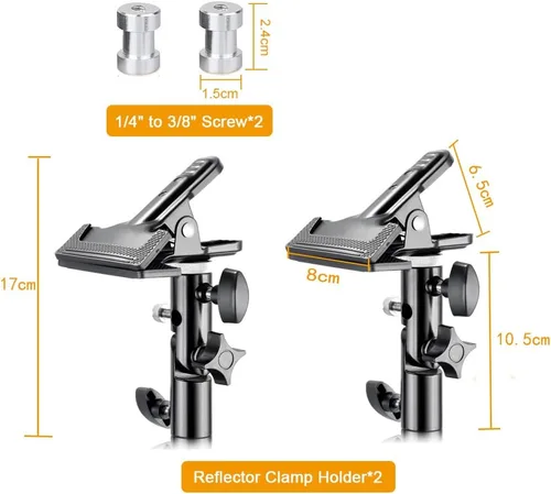 Vista 7 de 2 soportes de abrazadera de metal resistente con soporte de luz de 5/8 pulgadas, abrazadera reflectora con agujero para paraguas y montaje