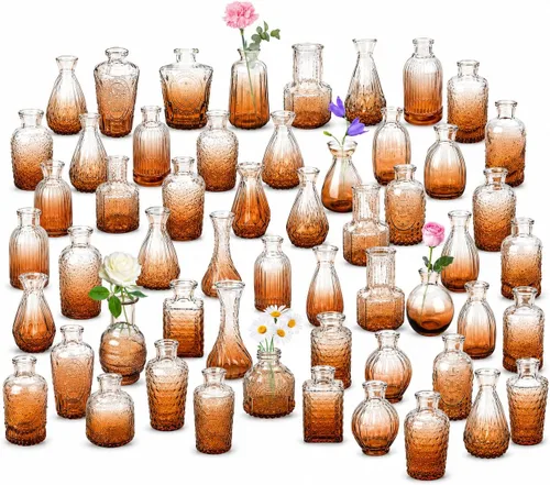 Vista 10 de Der Rose Juego de 12 jarrones de vidrio ámbar, pequeños jarrones para flores, centros de mesa rústicos de boda y decoración del hogar