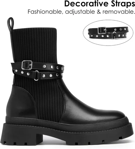 Vista 2 de DREAM PAIRS Women's Ankle Boots Lug Sole Chunky Heel Platform Chelsea Booties Elastic Gore Mid Calf Boots