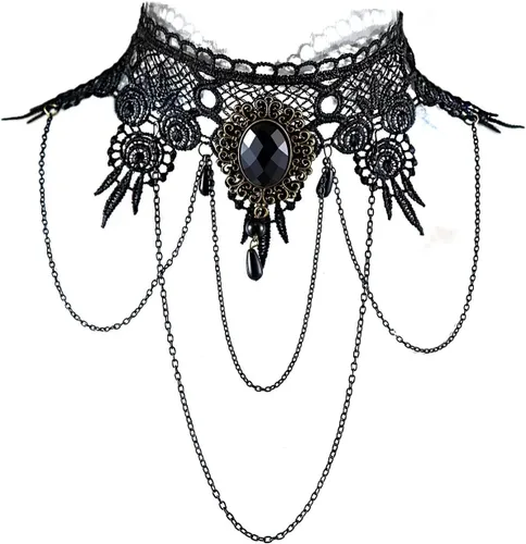 Vista 4 de Gargantilla gótica de Halloween de encaje punk Lolita, collar de gota colgante, pulsera de cuentas, guante de borla para mujeres, niñas