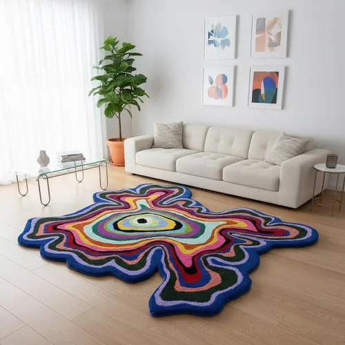 Vista 6 de Alfombra de lana hecha a mano con forma irregular de Restauración y Renovación Alfombra moderna de rayas coloridas de primera calidad perfecta