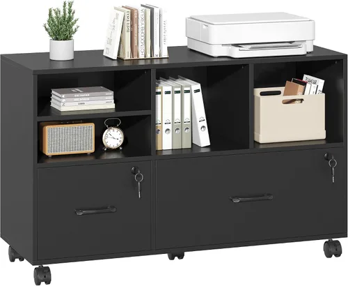 Vista 13 de Semoic Archivador de 2 cajones con cerradura, archivador lateral móvil para tamaño carta/legal/A4, estante ajustable de almacenamiento abierto