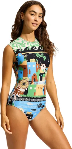 Vista 3 de Seafolly Traje de baño de una pieza con espalda abierta y manga casquillo para mujer