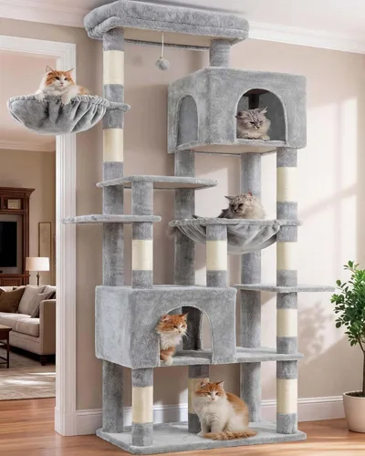 Vista 14 de Heybly Árbol para gatos de 68.1 pulgadas con plataforma superior de gran tamaño y base ancha, torre para gatos grandes de interior con 2