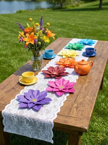 Vista 2 de Juego de 7 flores de papel arcoíris para pared de 10 pulgadas, decoración de telón de fondo para fiesta temática de arcoíris, fiesta de cumpleaños