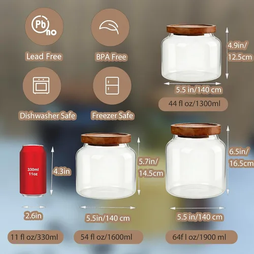Vista 2 de 1 tarro de almacenamiento de vidrio con tapas herméticas, recipiente de café de 54 onzas líquidas (54.1 fl oz) con tapa de madera, recipiente