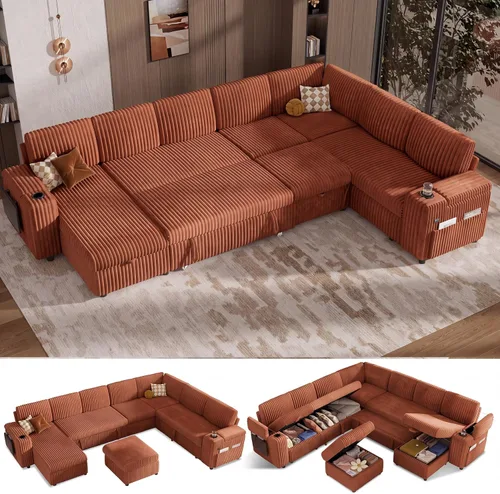 Vista 27 de Vipbear Sofá cama modular de 86 pulgadas con cama extraíble, sofá en forma de L de pana de felpa de 3 asientos con diván de almacenamiento, puertos