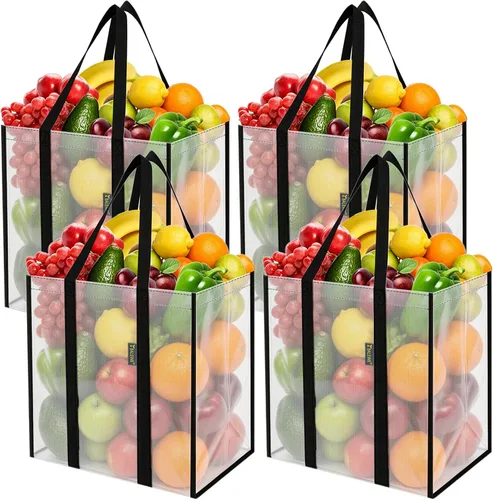 Vista 29 de BALEINE Paquete de 2 bolsas de comestibles reutilizables con parte inferior reforzada, bolsas plegables resistentes (follaje antiguo)