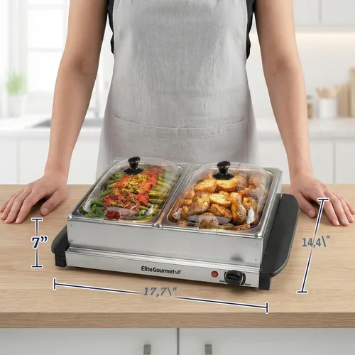 Vista 4 de [Usado] Elite Gourmet EWM-6122 Bandejas dobles de 2 x 2.5 cuartos de galón, servidor de buffet, control de temperatura del calentador de alimentos