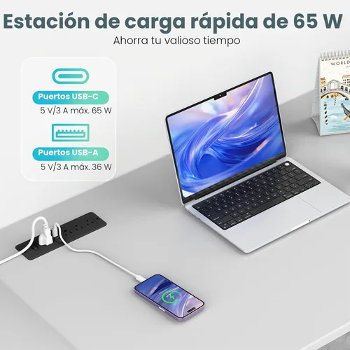 Vista 3 de Regleta de alimentación empotrable USB C GaN de 65W, 4 tomas de CA y 2 USB-C PD + 2 USB-A QC, estación de carga oculta de montaje empotrado