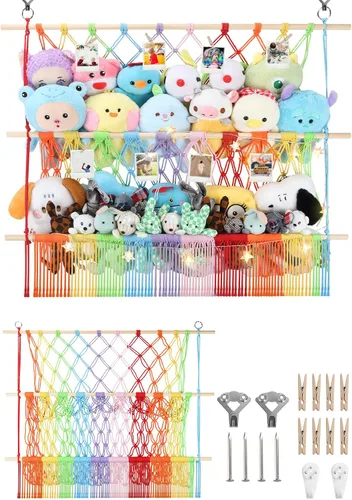 Vista 28 de Red de almacenamiento de animales de peluche de 2 niveles, 17 x 32 pulgadas, organizador grande de animales de peluche para pequeños rellenos