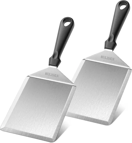Vista 9 de HULISEN Espátula grande de acero inoxidable para parrilla, espátula de metal resistente de 6 x 5 pulgadas con bordes de corte, accesorios