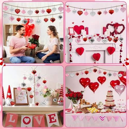 Vista 3 de 48 adornos de corazón para decoraciones del día de San Valentín, 2 tamaños de adornos en forma de corazón para árbol de Navidad de San Valentín