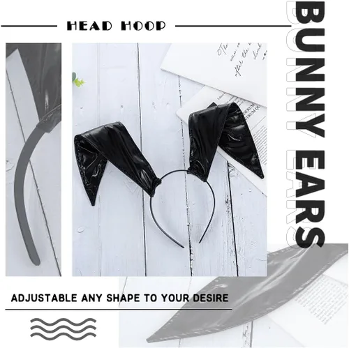 Vista 3 de Diadema de cuero negro con orejas de conejo, diademas largas con orejas de conejo, accesorios para el cabello para bailes de máscaras, discotecas