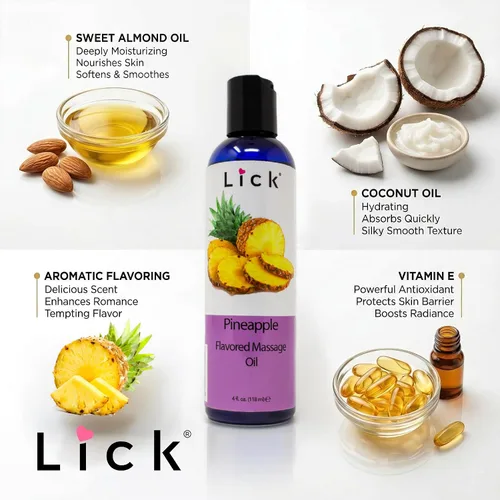 Vista 3 de Lick Aceite de masaje con sabor a piña con vitamina E, aceite corporal dulce comestible para masaje de parejas, mezcla de aceite de coco fraccionado