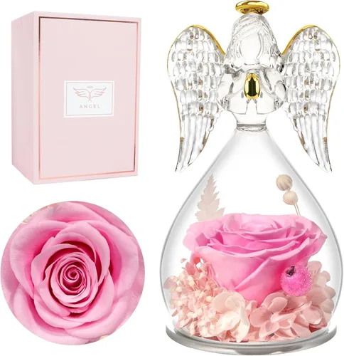Vista 18 de Miofula Regalos para mamá, regalos de cumpleaños para mujeres, flores preservadas en figuras de ángel de cristal, flores frescas para entrega, Rosa