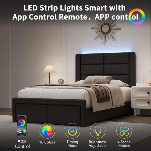 Vista 3 de Base de cama individual con cabecero tapizado y luces LED, moderno marco de cama de piel sintética con soporte de listones de madera y base