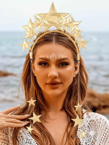 Vista 3 de Yean Diadema de estrella gigante, diadema dorada con halo de diosa, diadema de estrella para festival, tocado hecho a mano para mujeres y niñas
