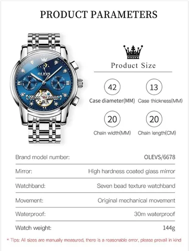 Vista 6 de OLEVS Men Automatic Watch Skeleton Moon Phase Dial Luxury Dress Stainless Steel Strap 5 Hands Diamond Men Wrist Watches