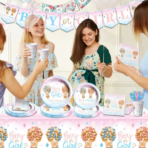 Vista 5 de Baby Bear - Vajilla de revelación de género, 122 piezas, platos y servilletas, tazas, mantel de oso para niños o niñas, suministros de fiesta