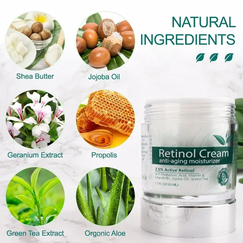 Vista 6 de Crema de retinol para cara, hidratante facial con 2.5% de retinol, ácido hialurónico, crema hidratante antienvejecimiento de día y noche