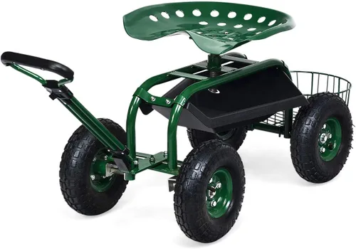 Vista 16 de Goplus Carrito de jardín rodante con asiento, taburete de jardín al aire libre con ruedas, bandeja de herramientas y cesta, mango de dirección
