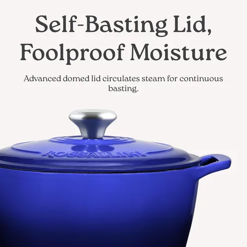 Vista 5 de ROSSALLINI Olla Holandesa de Hierro Fundido Esmaltada con Firma, Olla de Servir Antiadherente con Tapa de Cierre Hermético para Asado Perfecto Azul