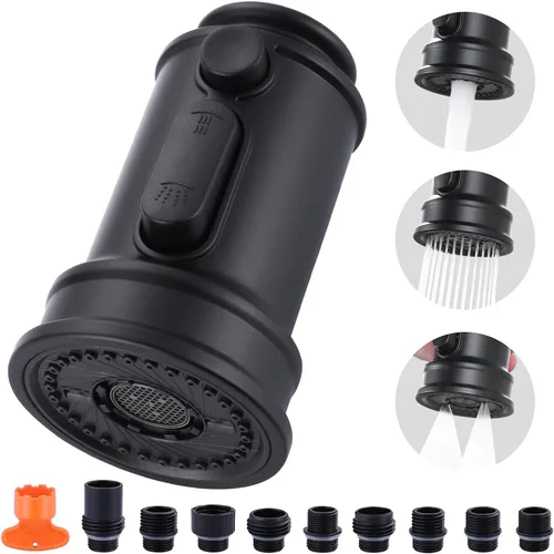 Vista 12 de Cabezal de Repuesto para Rociador de Grifo Extraíble, Cabezal de Rociador Extraíble Negro de 3 Funciones con 9 Adaptadores para Grifo de Fregadero