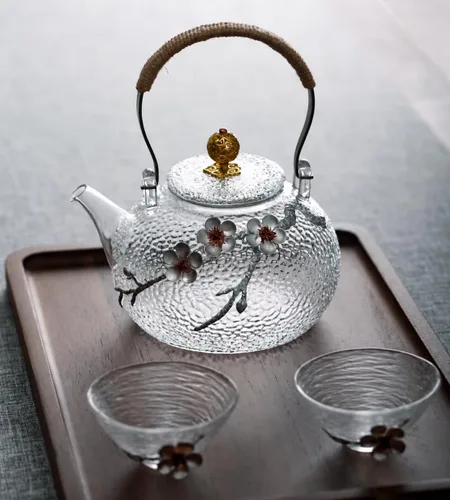 Vista 4 de Japanese Style Hammered Glass Teapot with Plum Blossom Decor 900ml (Removable Infuser)