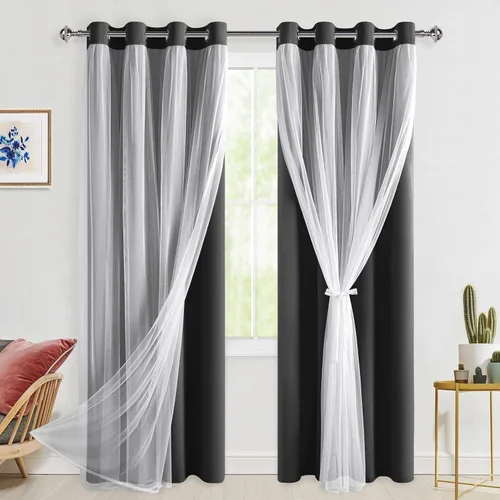 Vista 41 de Hiasan Cortinas opacas con superposición transparente, aislamiento térmico para mezclar y combinar de doble capa, cortinas de oscurecimiento de Beige