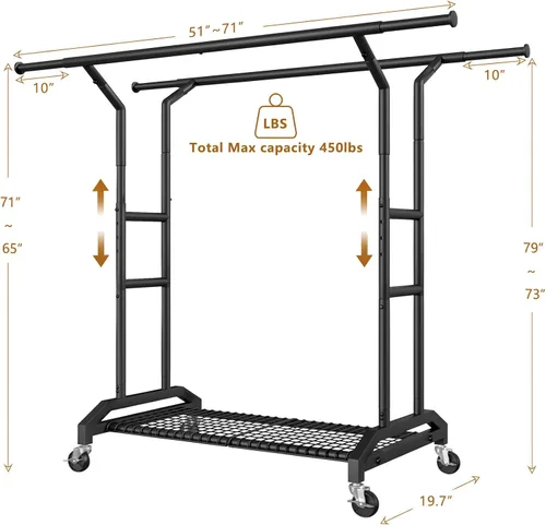 Vista 3 de Wiracks Perchero de ropa resistente doble con capacidad de 450 libras, ruedas industriales de 3", 51"-71" L X 19.7" D X 73"-79" H, perchero de ropa