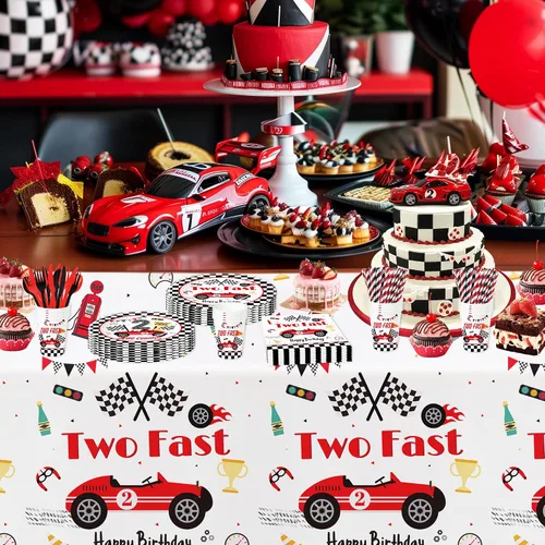 Vista 5 de Decoración de fiesta de cumpleaños de 2º cumpleaños de coche de carreras, vajilla para niños, decoración de cumpleaños de dos curiosos y dos